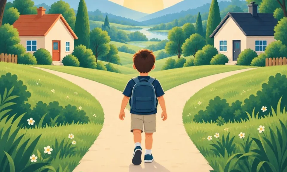 Illustration of a child with a school bag walking up a path that forks towards two houses.